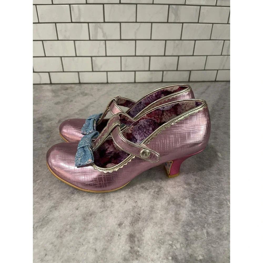 Irregular Choice Pink Purple Shimmer Mary Jane Heels with Blue Glitter Bows
